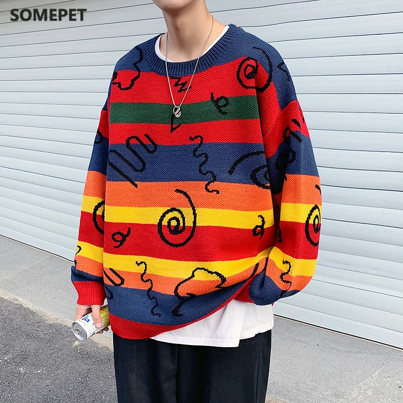 

Winter Harajuku Men Oversized Sweater Flame Knitting Casual Loose Pullover 2020 New Japan Style Hip Hop Male Cold Unisex