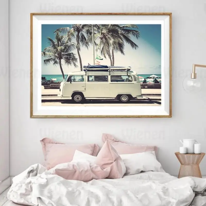 Постер с печатью высокой четкости "Пляжный пейзаж в стиле Калифорнии" на холсте с изображением кемпер-автобуса, морского пейзажа, ретро декора для дома, безрамочный муралистический холст.