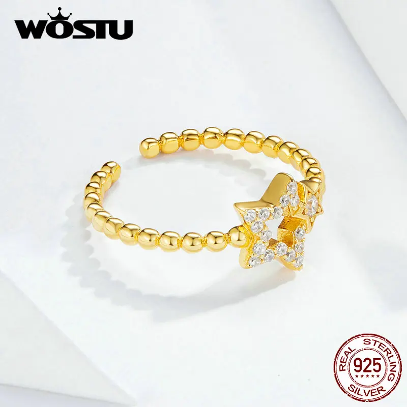 WOSTU, 925 пробы, серебряное, золотое, со звездами, обручальное кольцо, регулируемый Штабелируемый палец для женщин, модное, серебряное, 925, ювелирное изделие CQR561