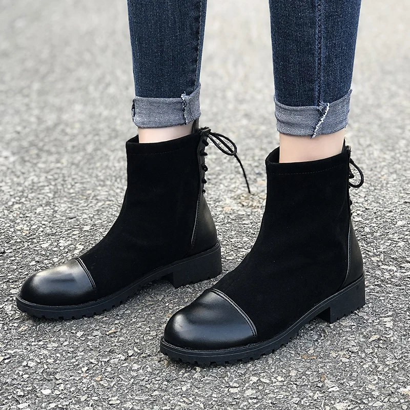 

New Women Boots Suede Comfort Round Toe Black Boots Warm Lace up Low Heel Women Shoes Classic Boots botas altas mujer Big Size43