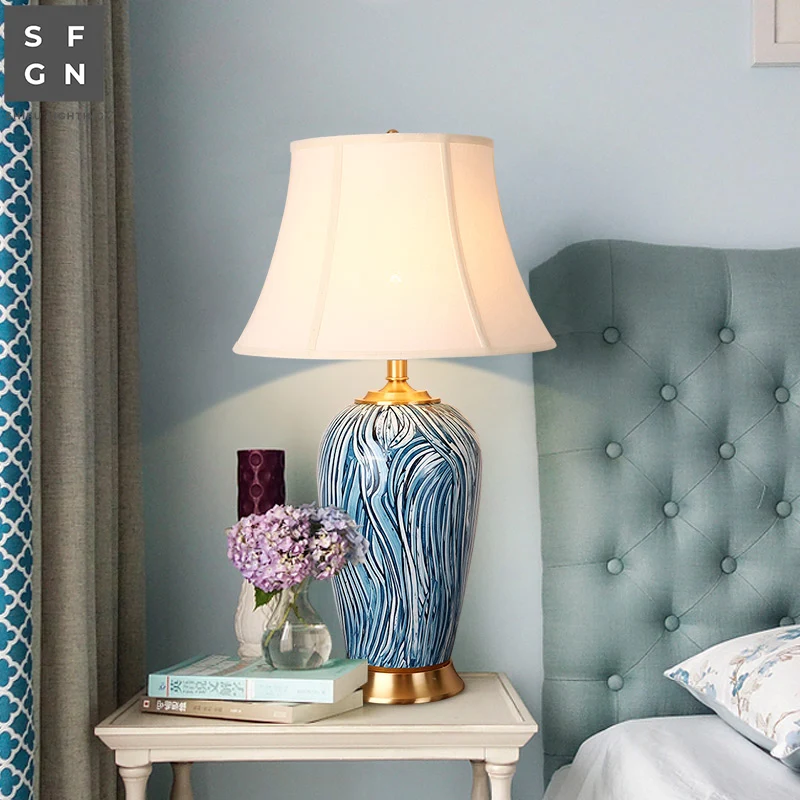 Copper Table Lamp American Style for Living Room Jingdezhen Ceramic Luxury Bedroom Bedside Decorated LED | Лампы и освещение