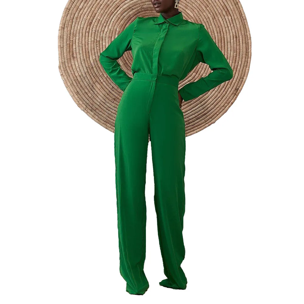 

2021 Summer New Fashion Jumpsuit Solid Color High Waist African Slim Lapel Temperament Commute Long Sleeve Europe America
