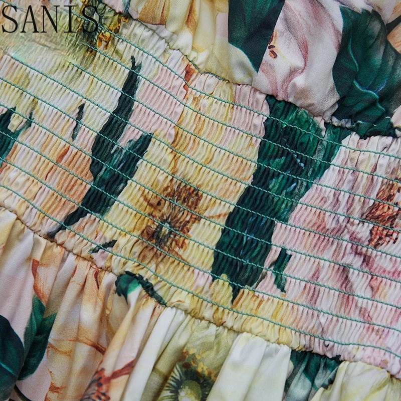 

Sanis New 2021 Fashion Designer Summer cotton Dress Women Holiday V-Neck Elastic Waist Camellia Print Short Tank Dress