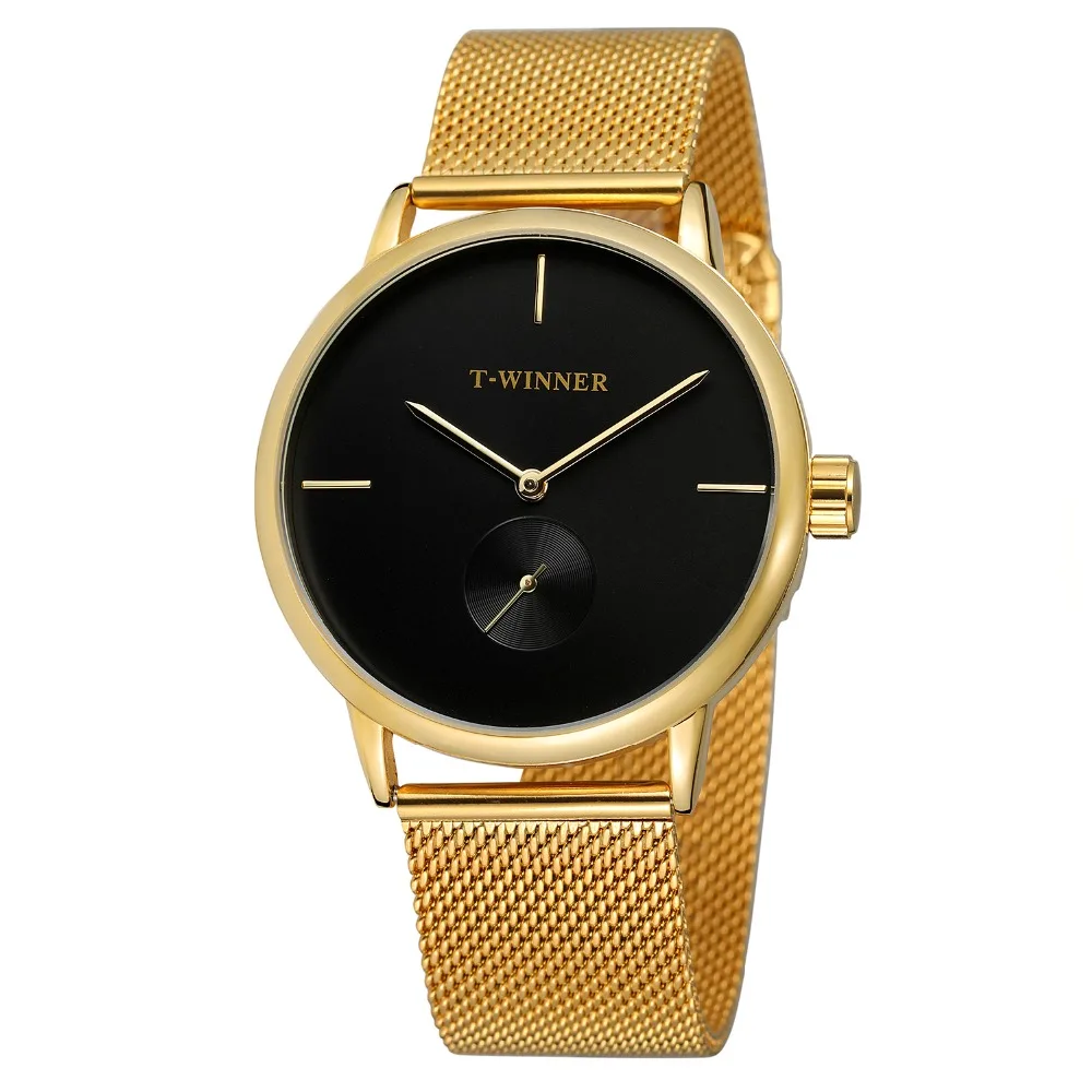 

T-WINNER Men Automatic Watch Gold Mesh Band Brief Small Seconds Dial Luxury Mechanical Watch Relogio Masculino