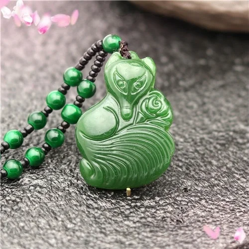 Подвеска с натуральным зеленым камнем лисой и розой кулон из нефрита Китайский
