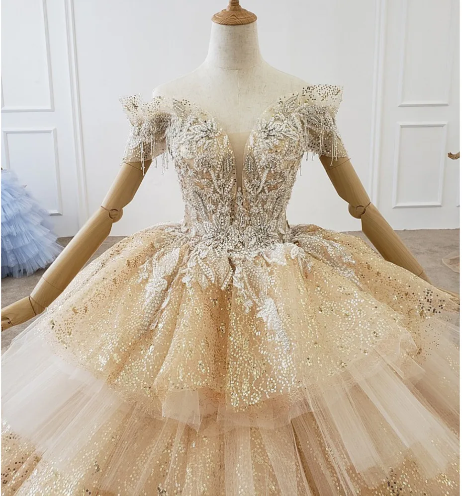 Tulle Mariage Gold Ball Gowns Wedding Dresses 2020 Sexy V Neck Off Shoulder Lace Up Beaded Corset Real Photos Puffy Bridal | Свадьбы и