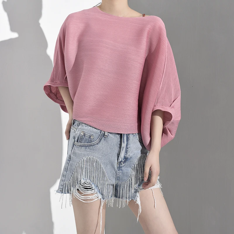 LANMREM New Spring Summer Round Neck Three-quarter Sleeve Black Loose Big Size Pleated T-shirt Women Fashion Tide YE1120