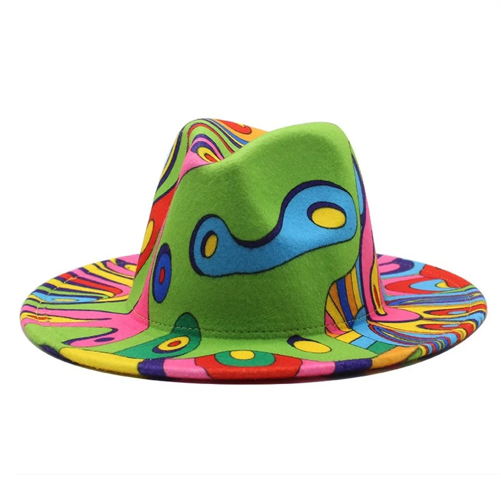 

Graffiti Printing Fedoras Hat Womens Flat Brim No Belt Ladies Trendy Fashion Mens Felt Fedora Hats
