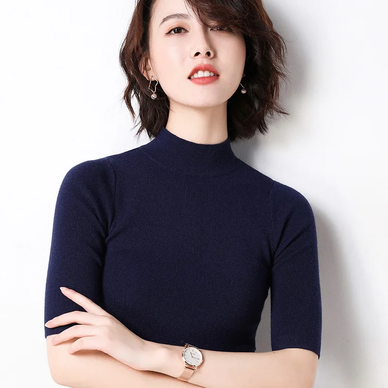 

Hot! Elastic Solid Color Half Sleeve Sweater Turtleneck Slim Ladies Pullover Knitted Spring and Autumn Top Femme Chandails Y0063
