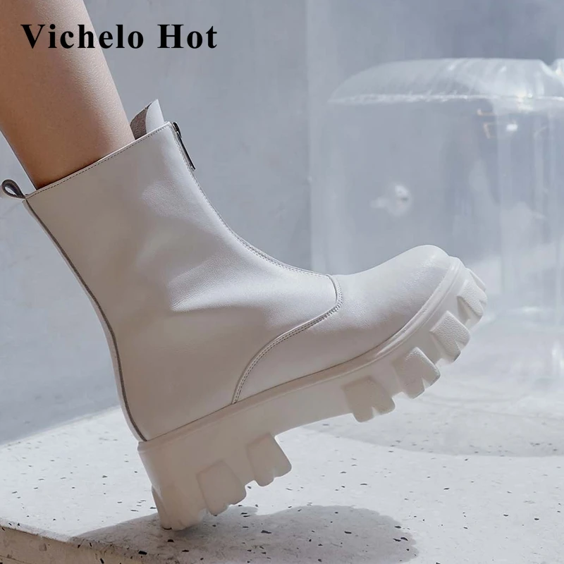 

Vichelo Hot large size european style winter new shoes women genuine leather round toe thick high heel zipper ankle boots L23