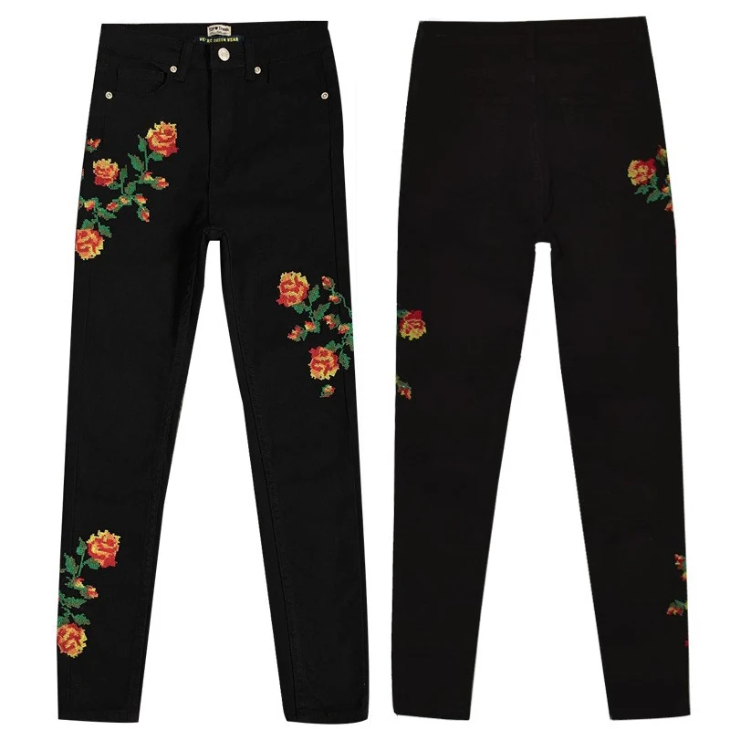 Женские Эластичные Обтягивающие джинсы с высокой талией и вышитыми розами