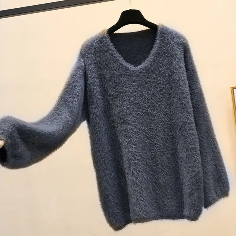 dark grey tops Осень зима искусственный пуловер из норки и кашемира свитер женский свободный v-образный вырез меховые свитера джемпер мягкий теплый вязаный свитер C5985 - Цвет: dark grey tops