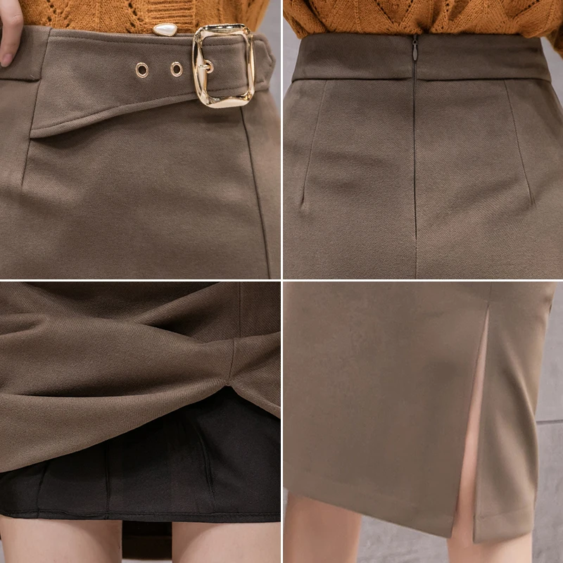 

Autumn Winter Woolen Women's Wrap Skirts Korean Style Sashes Front Split Office Ladies High Waist Elegant OL Sheath Midi Skater