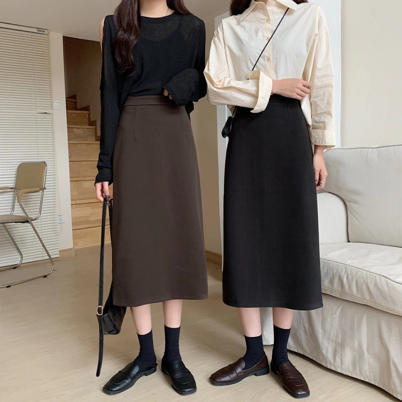 

Новинка Осень-зима 2021 трапециевидная приталенная универсальная верхняя одежда средней длины с высокой талией шерстяная юбка для женщин