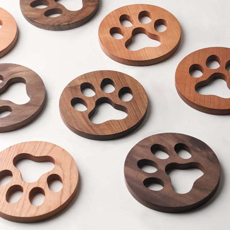 Solid Wood Coasters Round Heat Resistant Placemats Drink Mat Cat Paw Design Table Tea Coffee Cup Pad Non-slip Insulation Mat