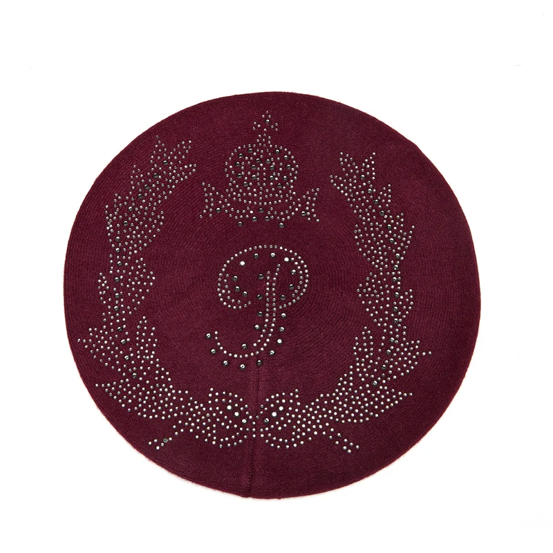 23403 Wine Red Ladybro, двухслойная, стразы, шерстяная шапка, женская, осень, зима, шапка, теплый берет, женская вязаная шапка, кепка boina, женский берет, шапка - Цвет: 23403 Wine Red