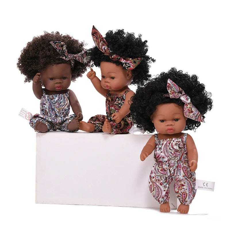 

35cm Realistic Doll Soft Vinyl Toddler Babies Curls Princess African Girl Toy F3ME