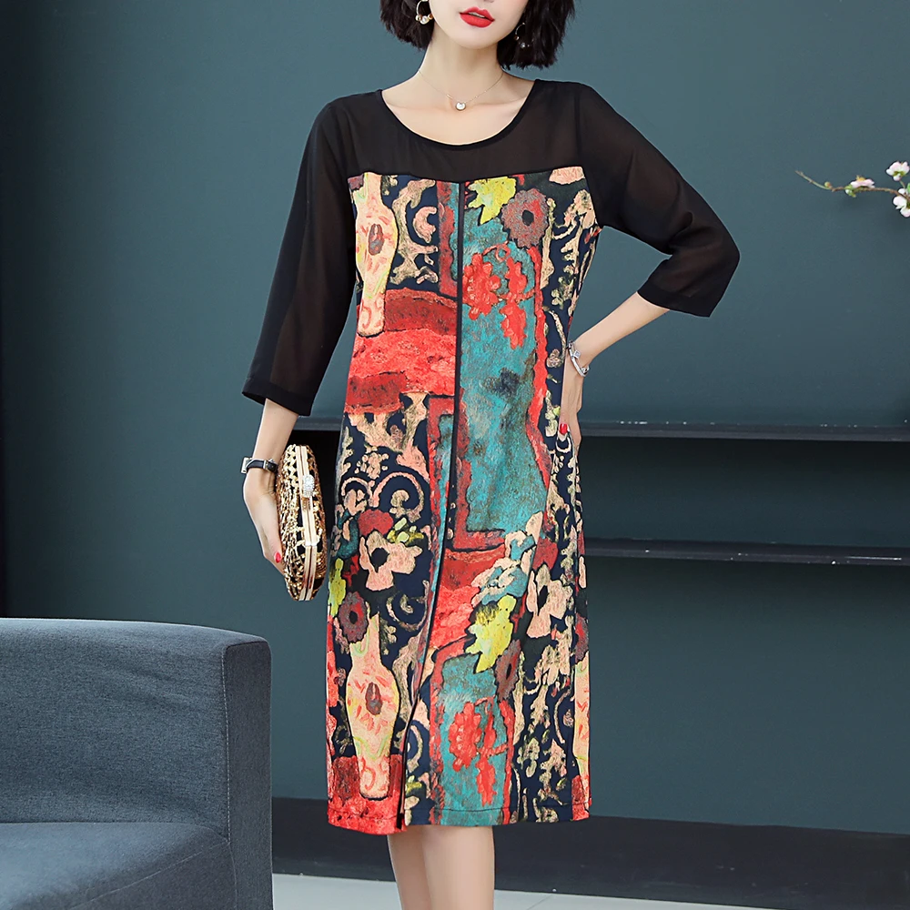 

2020 Vintage Printing Summer Dress Women O-Neck Plus Size Three Quarter Sleeve Imitate Silk Dresses Elegant Woman Long Vestidos
