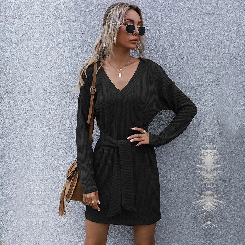 

Autumn and winter new style short tie sleeve French commuting black long sleeves pure color knit dress female