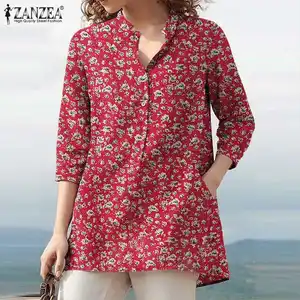 ZANZEA Women 3/4 Sleeve Blouse Casual Floral Print Shirt Casual Loose Vintage Summer Tunic Top Overs