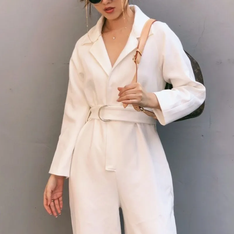 Brand Runway Women Woolen Blends Jumpsuits Elegant High Waist Sashes Full Length Jumpsuit Female White Loose One Piece Outfit