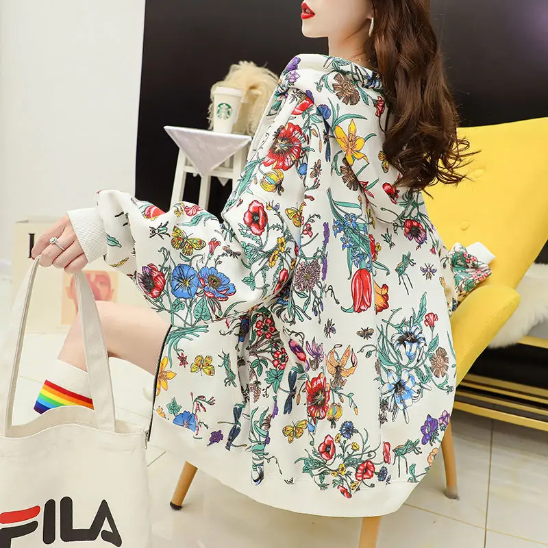 

Casual Floral Print Hoodies With Zipper Women Sweatshirts Korean 2021 Autumn Winter Oversized Hooded Hoodies Outerwear Plus Size