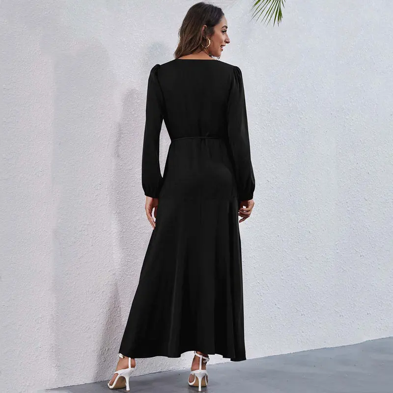 

2021 Autumn Long Sleeve Maxi Dress Women Slit Party Dress Ladies High Waist Long Elegant Dress For Women