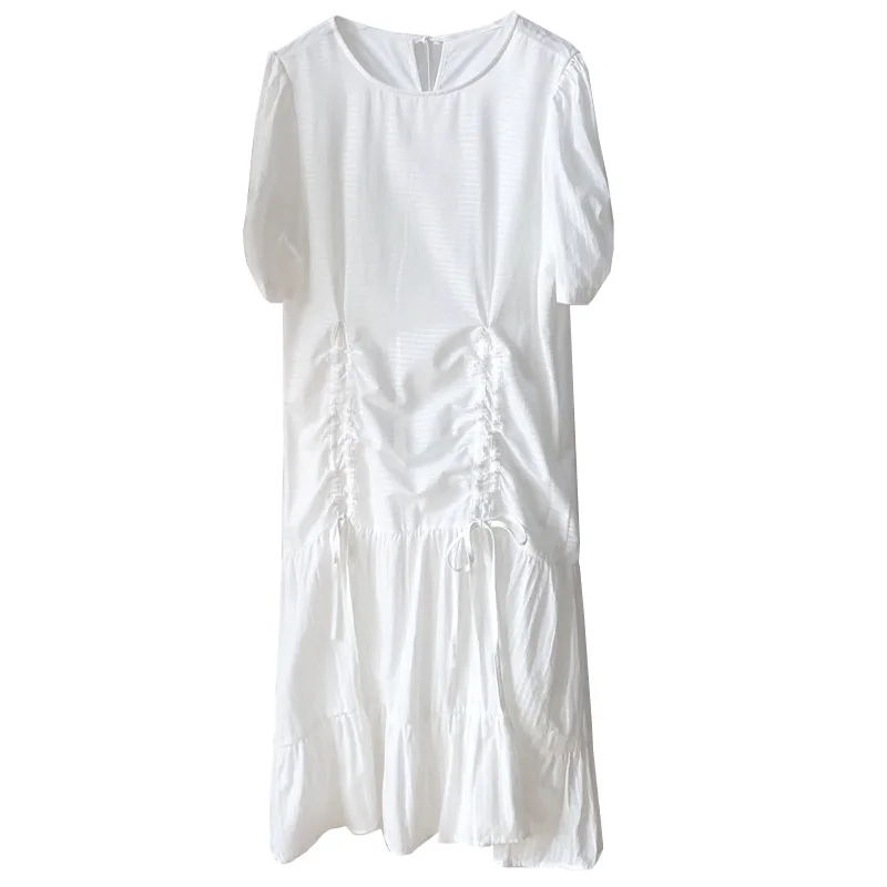 

2021 Summer New Drawstring Super Fairy Elegant French Long Dress Women's O Neck Short Sleeve White Pleated Fashion Dresse Ladies