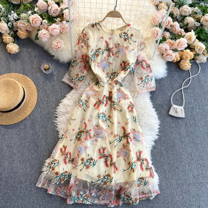 

Женское платье с цветочной вышивкой, винтажное Сетчатое платье с круглым вырезом, лето 2021