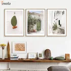 Настенное украшение с изображением кактуса, итальянский пейзаж, для гостиной, Скандинавская Картина на холсте, Зеленая дверь, цветок, домашний декор