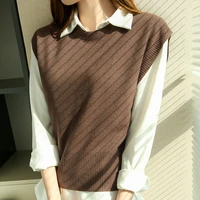 longming 2021 new women sweater vest spring 100 merino wool knitted vest brown top knit vest fashion woman vests korean style