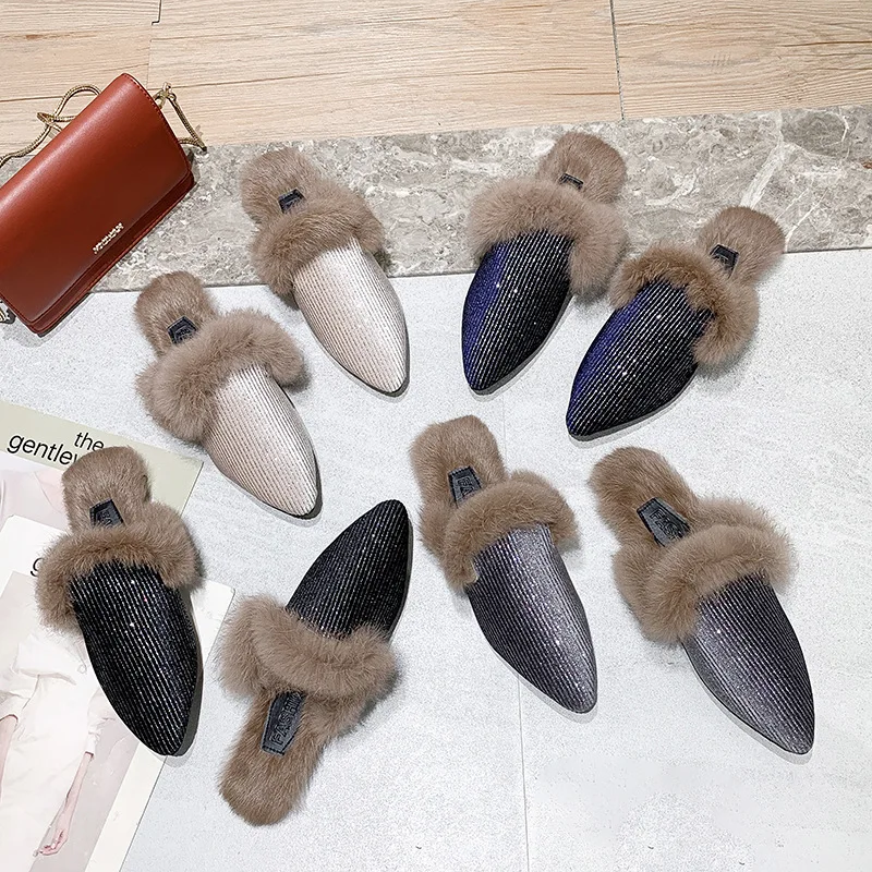 Шикарные шикарные балетки с острым носом меховые шлепанцы зимняя женская обувь
