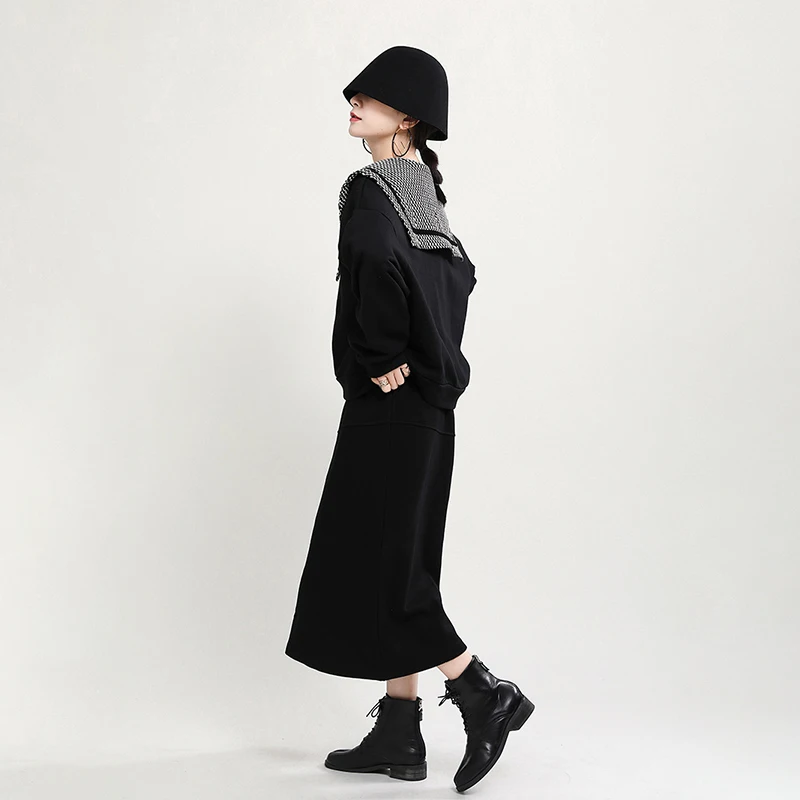 

Women Big Size Fashion Spring Autumn Loose Plaid Contrast Color Sweatshirt New Peter Pan Collar Long Sleeve