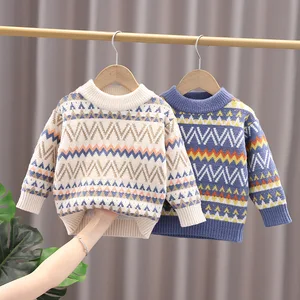 Kids Boys Girls Sweaters Baby Toddler Warm Sweater Coats Children Geometry Thicken Tops Wool Pullovers Clothing Plush inside