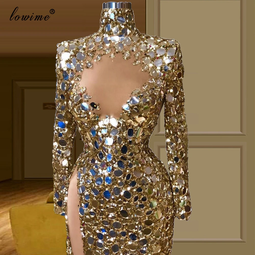 Dubai Muslim Shiny Gold Prom Dresses Long Mermaid Formal Evening Dresses Woman Party Night High Neck вечернее платье Gowns Robe