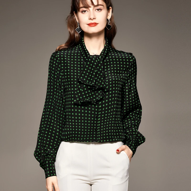 

100% Silk Women's Shirt Long Lantern Sleeves Sashes Polka Dots Printed Fashion Pullover Blouse Camisas