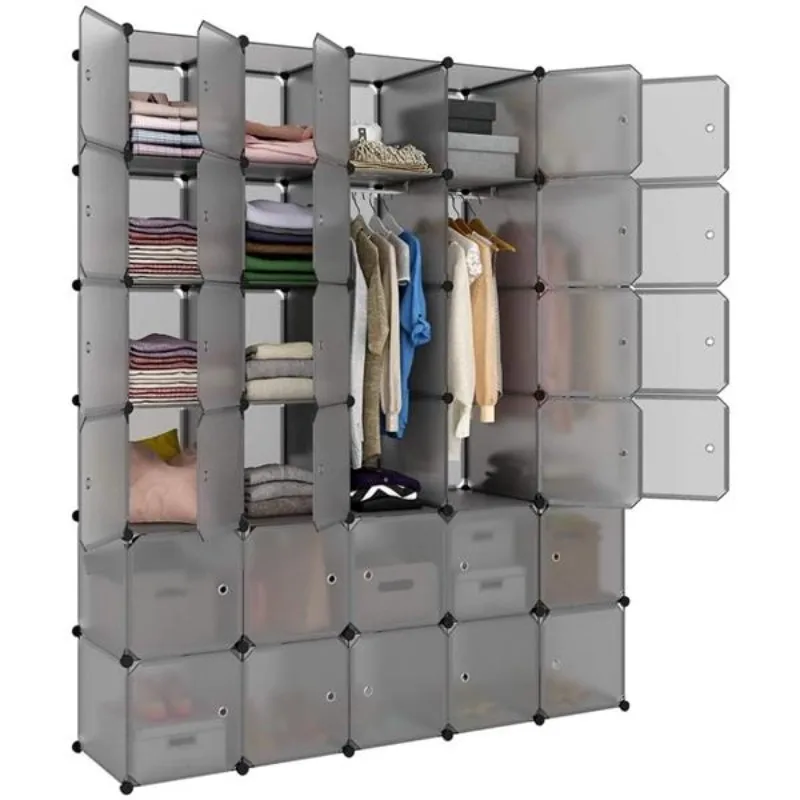 Modular Closet Bookcase Organizer Plastic Cabinet 30 Cube Wardrobe 35*45 Cubby Shelving Storage Drawer Unit with Door Gray/Brown
