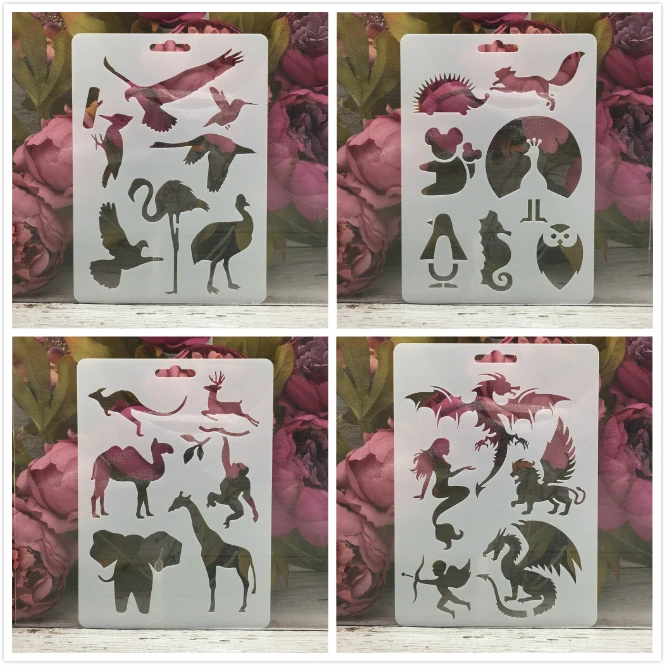 

4Pcs/Set 17.8*12.7cm Dinosaur Giraffe Animals DIY Layering Stencils Painting Scrapbook Coloring Embossing Album Decor Template