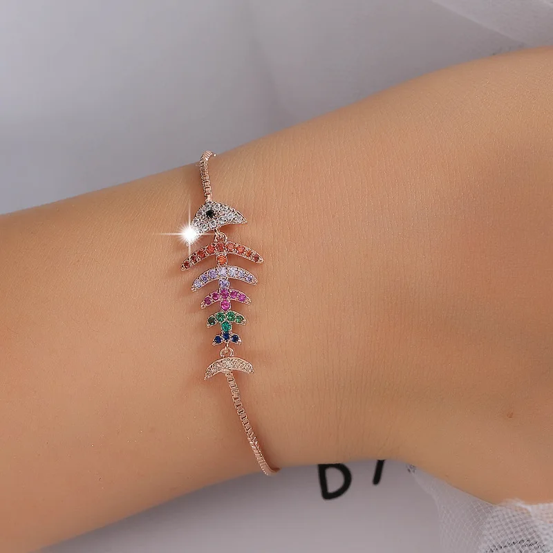 

Dainty Female Fish Bone Bracelet Rose Gold Silver Color Bracelets For Women Cute Rainbow Zircon Stone Party Chain Bracelet