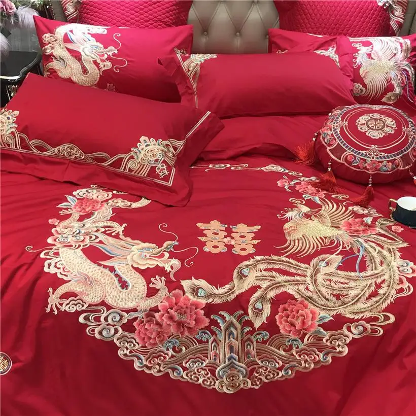 Египетский хлопок китайские свадебные красные постельное белье шикарный