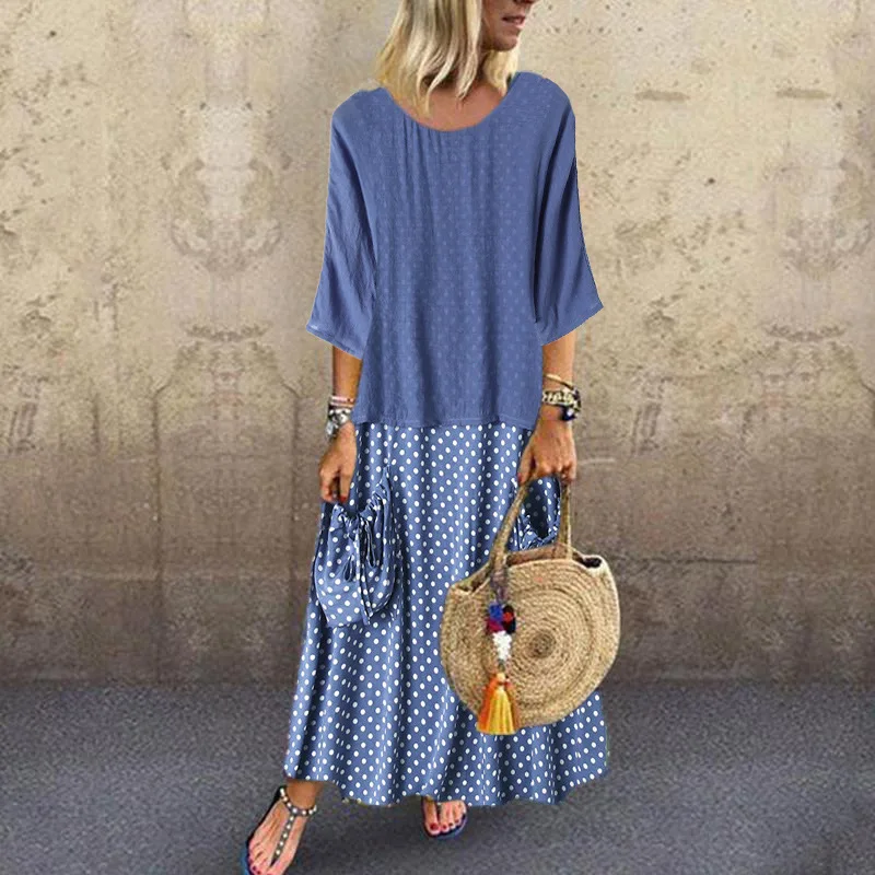 Женское платье в горошек с круглым вырезом и рукавом до локтя | Женская одежда