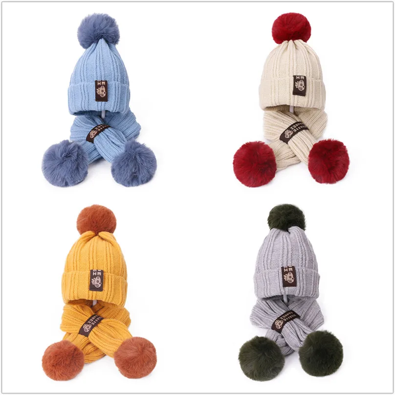 

Girl's pompom woolen caps for Child warm knitted hat and scarf set cloth label boys' knitted hat