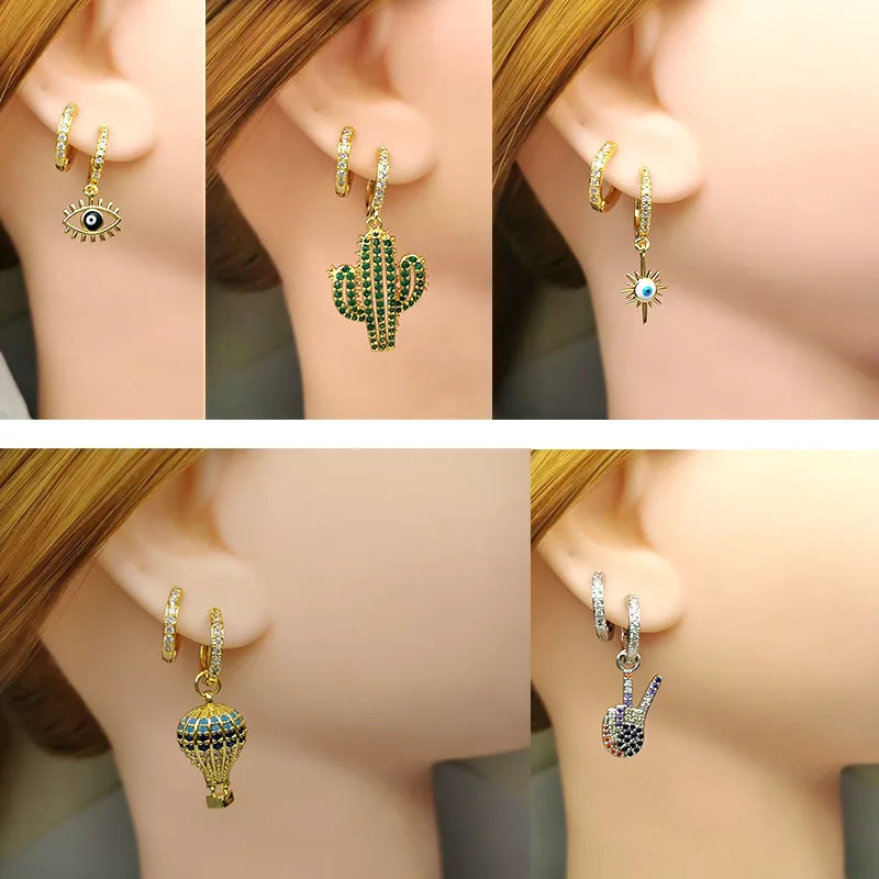 

QMHJE 1 Set Small Hoop Earrings Women CZ Eye Balloon Flamingo Seahorse Dog Watermelon Octopus Parrot Lemon Rainbow Gold Color