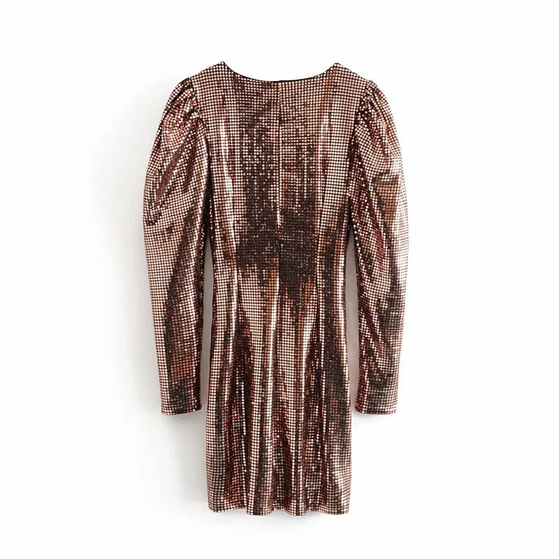 

Fashionable Ladies Sequined Dress With Pleated Decoration Women's 2021 New Spring Summer Long Sleeve V Neck Sexy Short Dresses