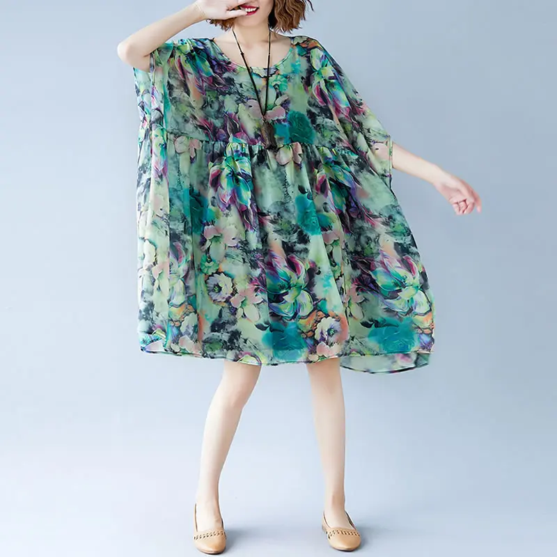 

Plus Size Summer Dress 2020 Women Chiffon Print Loose Sweet Fashion Casual Short Sleeve Holiday New Beach Dresses Sundress