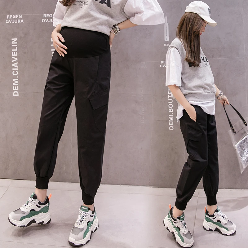 Бежевые/черные осенние брюки для беременных с животом женские длинные свободные