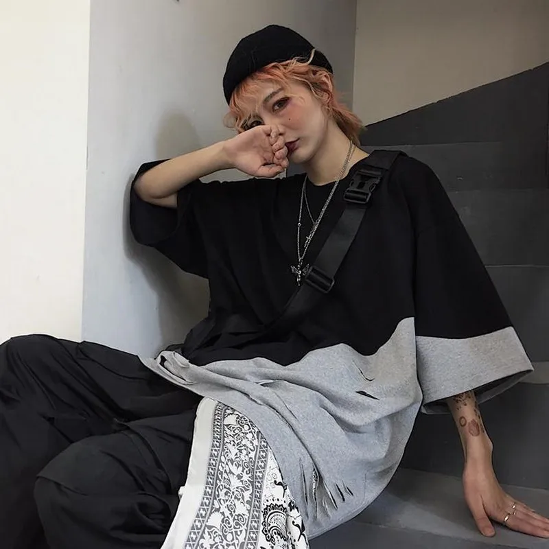 Имитация двух частей футболка с коротким рукавом Лоскутная серая черная длинная