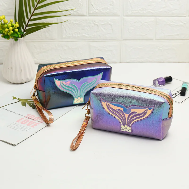 

New PU Laser Cosmetic Bag Creative Fishtail Carry-On Portable Large-Capacity Storage Bag Hand-Held Colorful Wash Bag