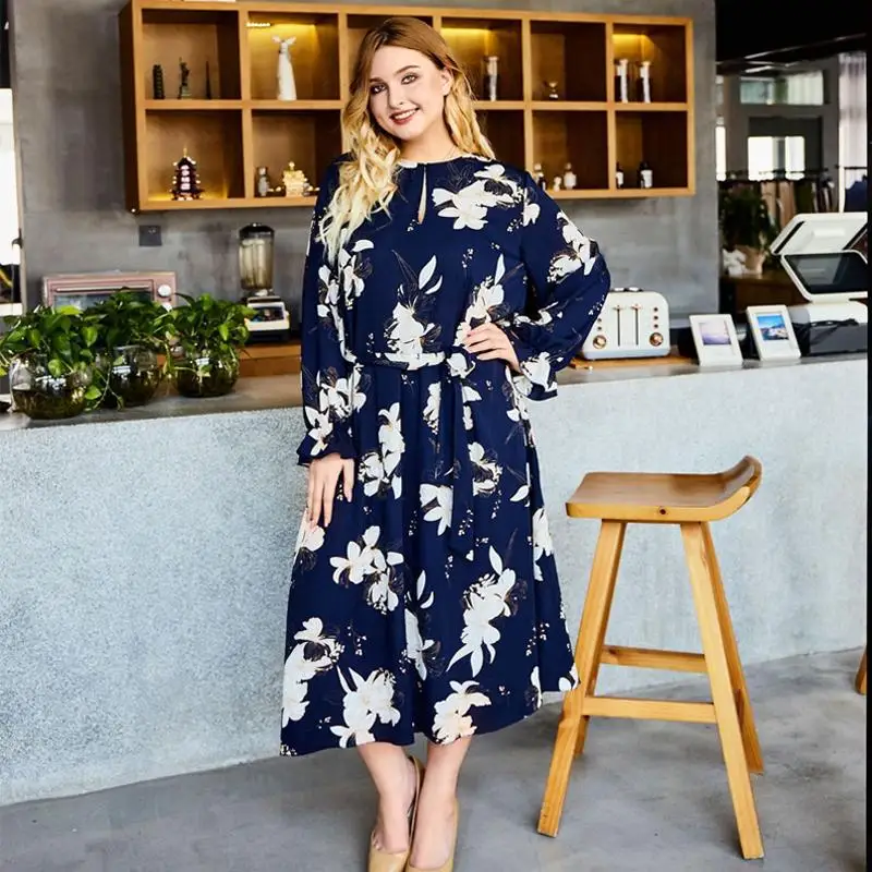 2019 осень размера плюс для женщин Цветочный принт платье повседневное длинное в