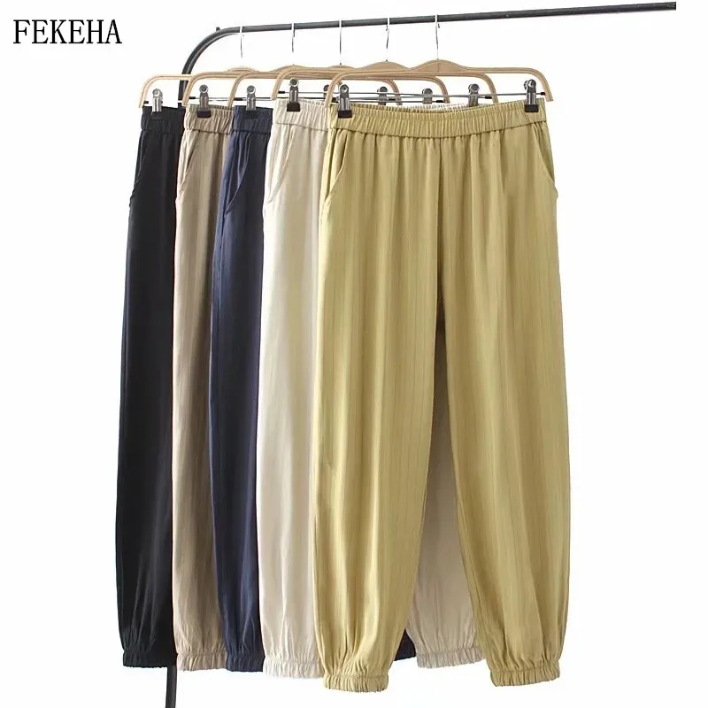 

Summer Harem Pants Women Elastic Waist Lady Ankle-Length Trousers Thin Solid Casual Black Female Slacks